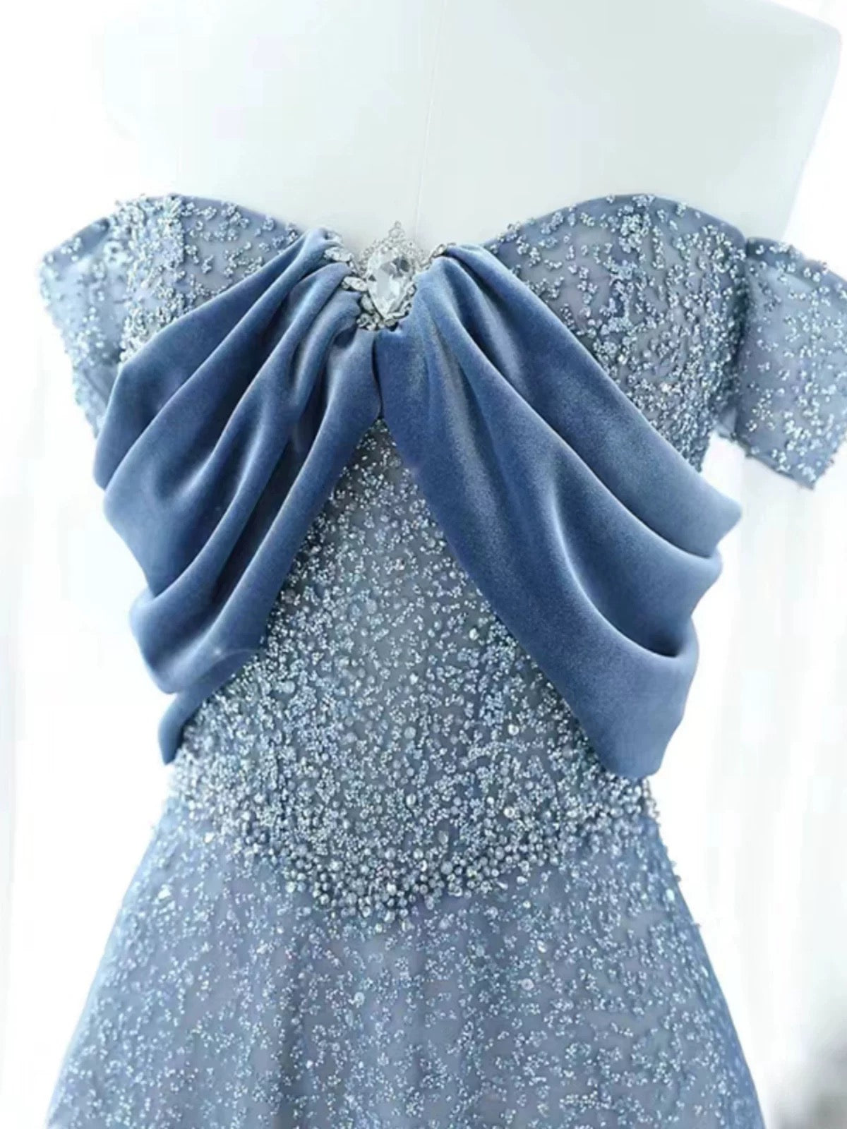 Elegant A Line Off The Shoulder Blue Sequin Long Prom Dress Evening Dresses C3238