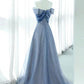 Elegant A Line Off The Shoulder Blue Sequin Long Prom Dress Evening Dresses C3238