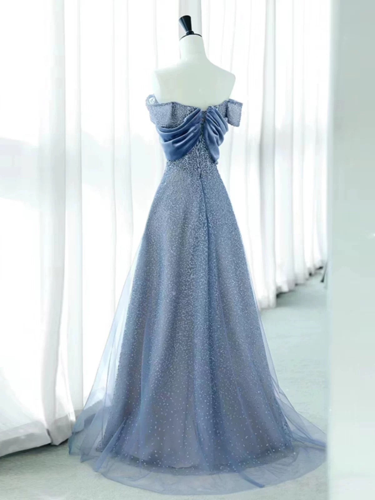 Elegant A Line Off The Shoulder Blue Sequin Long Prom Dress Evening Dresses C3238