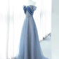 Elegant A Line Off The Shoulder Blue Sequin Long Prom Dress Evening Dresses C3238
