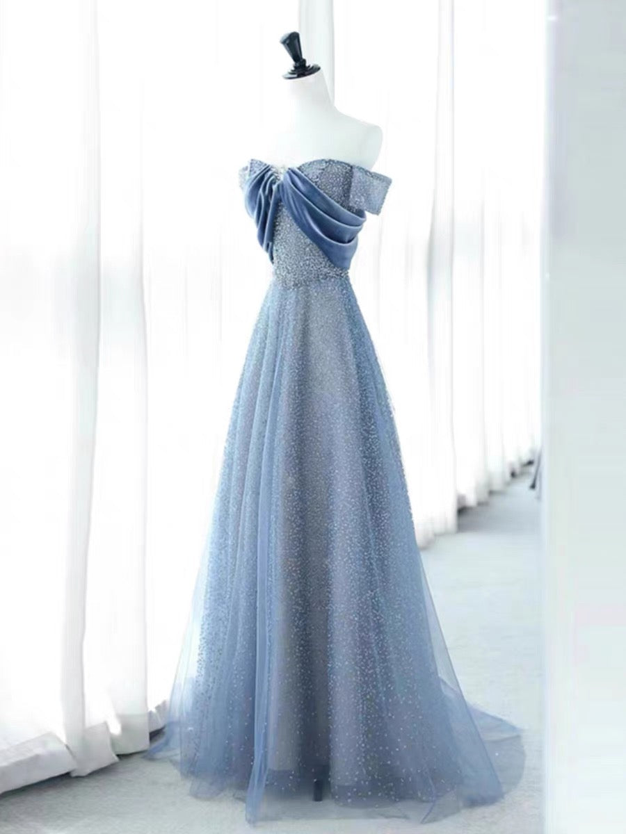 Elegant A Line Off The Shoulder Blue Sequin Long Prom Dress Evening Dresses C3238
