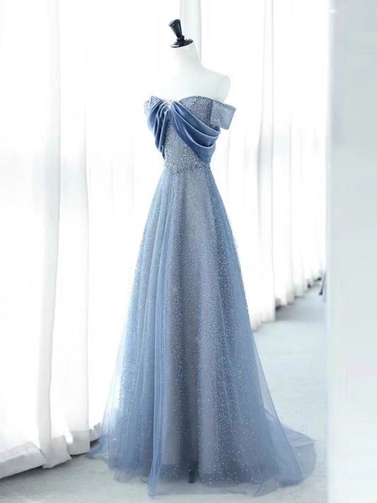 Elegant A Line Off The Shoulder Blue Sequin Long Prom Dress Evening Dresses C3238