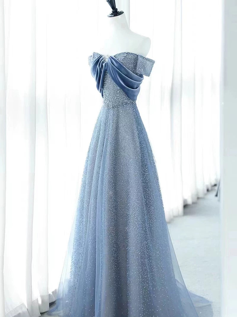 Elegant A Line Off The Shoulder Blue Sequin Long Prom Dress Evening Dresses C3238