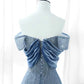 Elegant A Line Off The Shoulder Blue Sequin Long Prom Dress Evening Dresses C3238