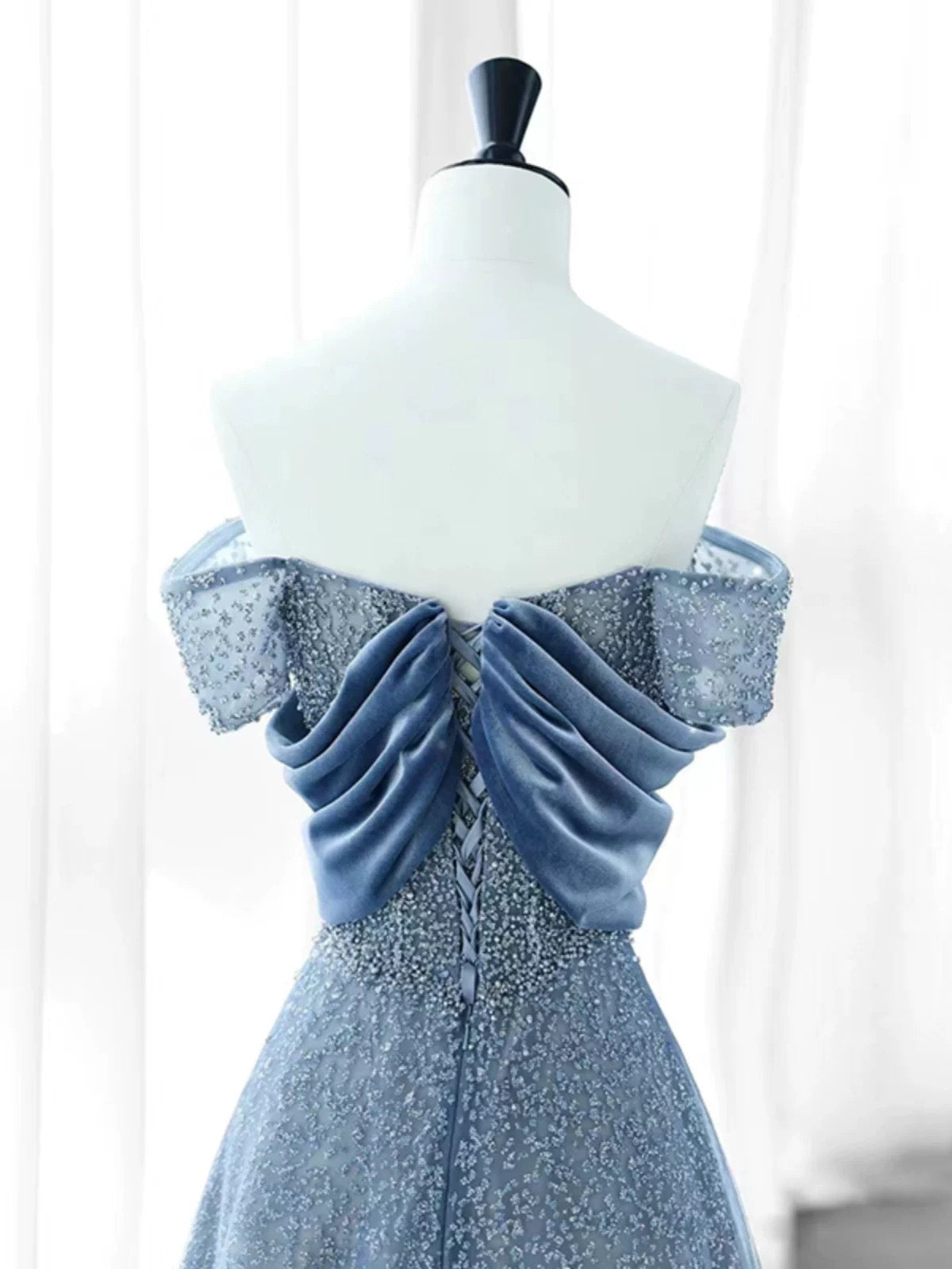 Elegant A Line Off The Shoulder Blue Sequin Long Prom Dress Evening Dresses C3238