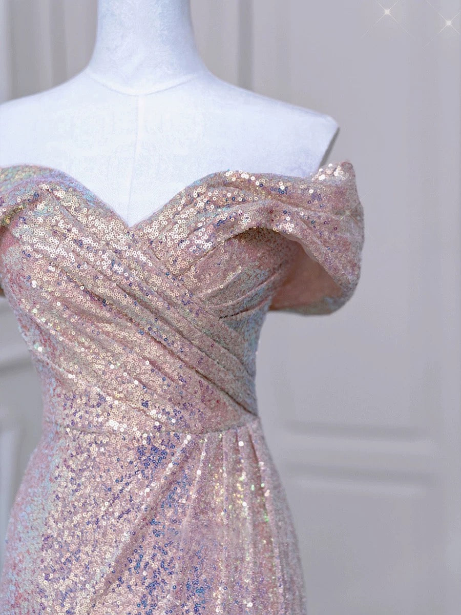 Elegant Mermaid Off The Shoulder Pink Sequin Long Prom Dress Evening Dresses C3239