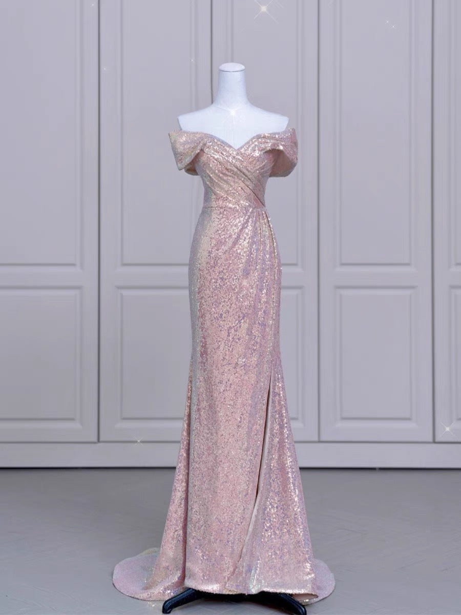 Elegant Mermaid Off The Shoulder Pink Sequin Long Prom Dress Evening Dresses C3239