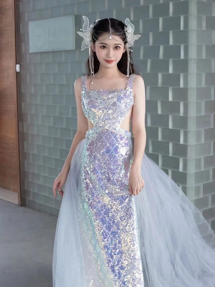 Elegant Mermaid Square Neckline Blue Sequin Long Prom Dress Evening Dresses C3240