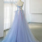 Elegant Mermaid Square Neckline Blue Sequin Long Prom Dress Evening Dresses C3240