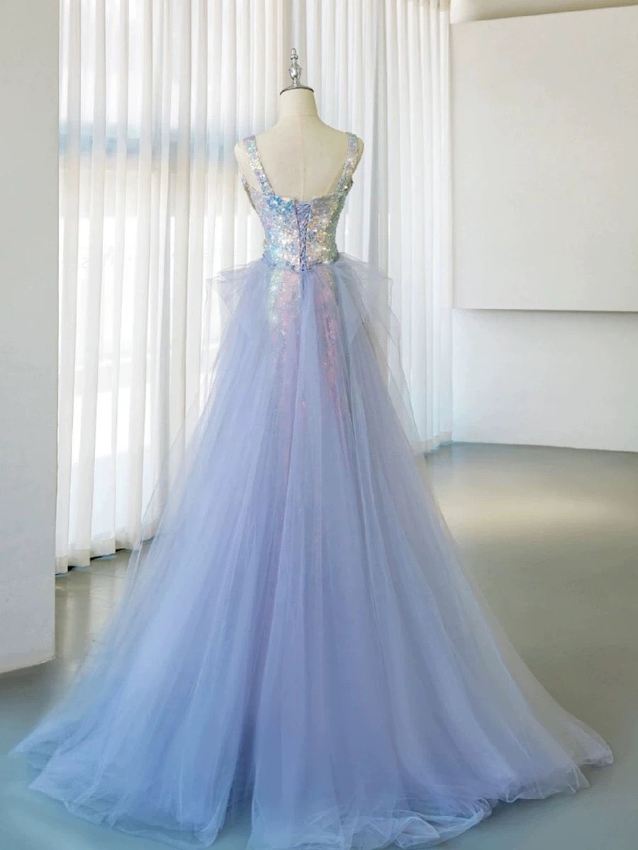 Elegant Mermaid Square Neckline Blue Sequin Long Prom Dress Evening Dresses C3240