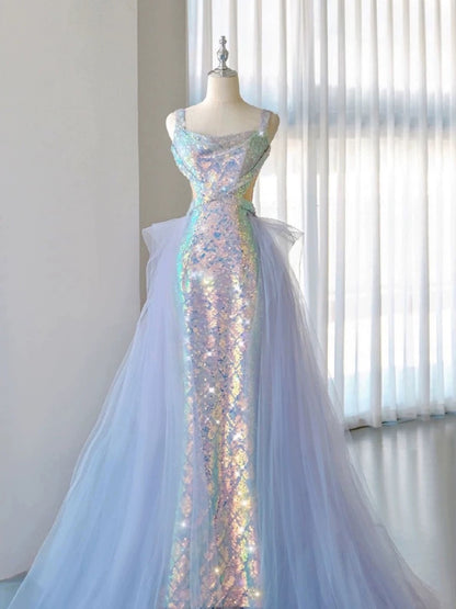 Elegant Mermaid Square Neckline Blue Sequin Long Prom Dress Evening Dresses C3240