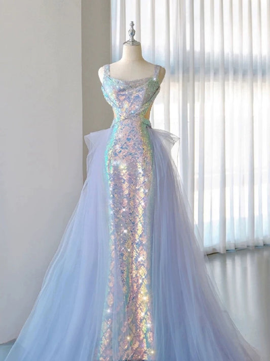 Elegant Mermaid Square Neckline Blue Sequin Long Prom Dress Evening Dresses C3240