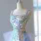 Elegant Mermaid Square Neckline Blue Sequin Long Prom Dress Evening Dresses C3240