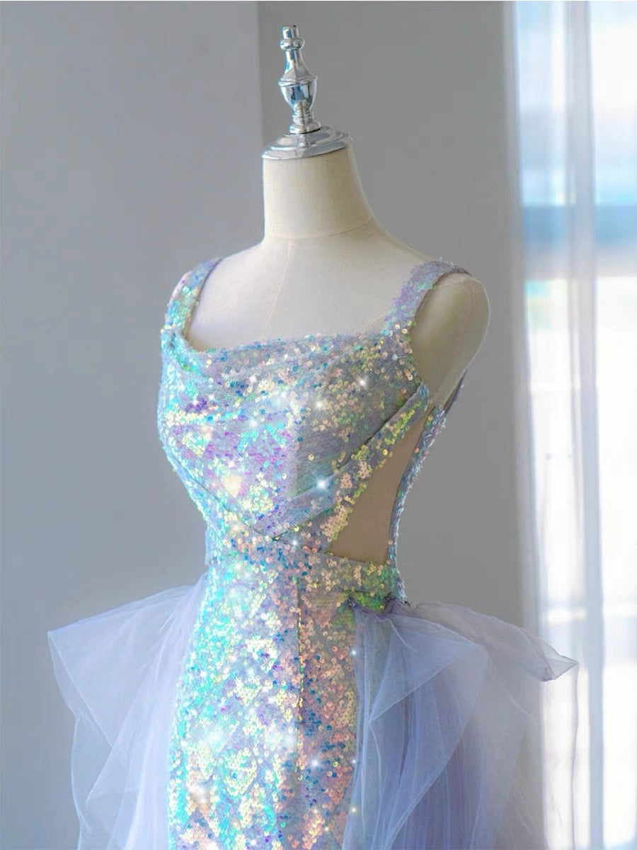 Elegant Mermaid Square Neckline Blue Sequin Long Prom Dress Evening Dresses C3240