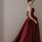 Elegant Ball Gown Strapless Burgundy Satin Long Prom Dress Evening Dresses C3241