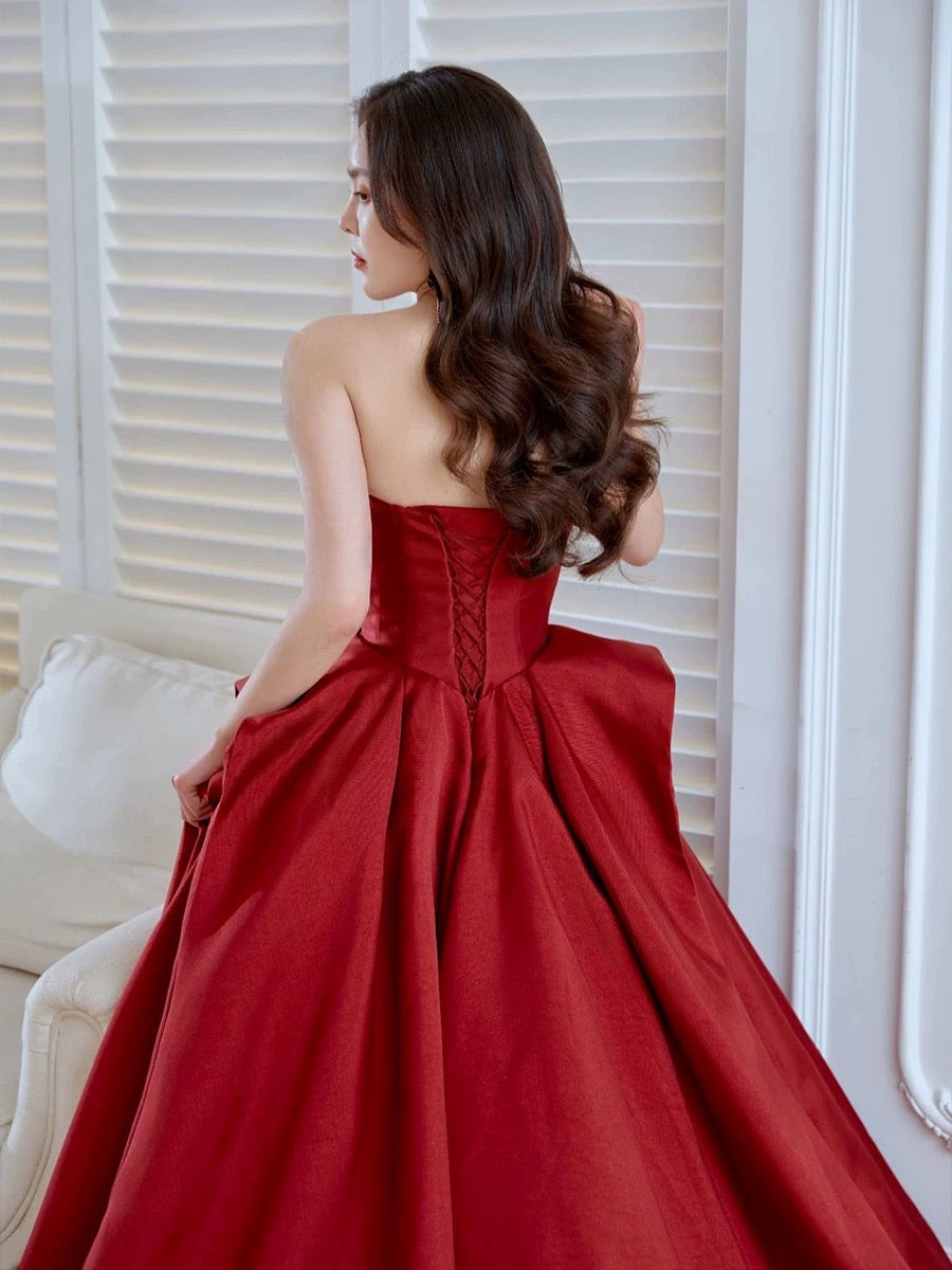 Elegant Ball Gown Strapless Burgundy Satin Long Prom Dress Evening Dresses C3241