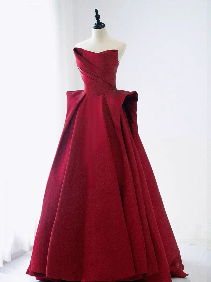 Elegant Ball Gown Strapless Burgundy Satin Long Prom Dress Evening Dresses C3241