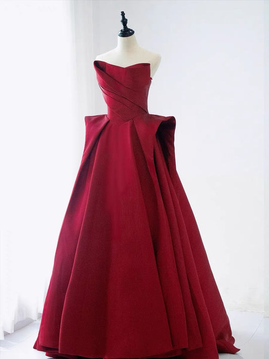 Elegant Ball Gown Strapless Burgundy Satin Long Prom Dress Evening Dresses C3241