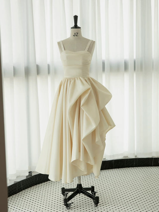 Chic High Low Straps Sleeveless Ivory Satin Wedding Dresses With Ruffles C3242