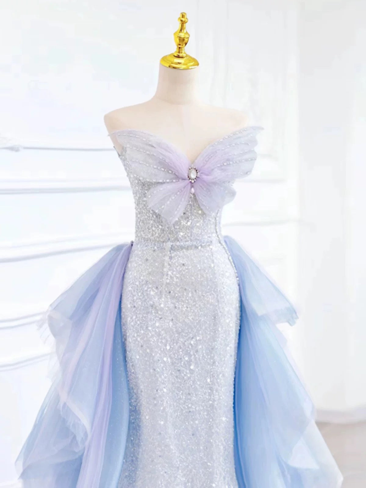 Elegant Mermaid Strapless Neckline Blue Sequin Long Prom Dress Evening Dresses C3243