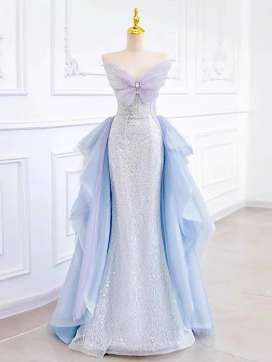 Elegant Mermaid Strapless Neckline Blue Sequin Long Prom Dress Evening Dresses C3243