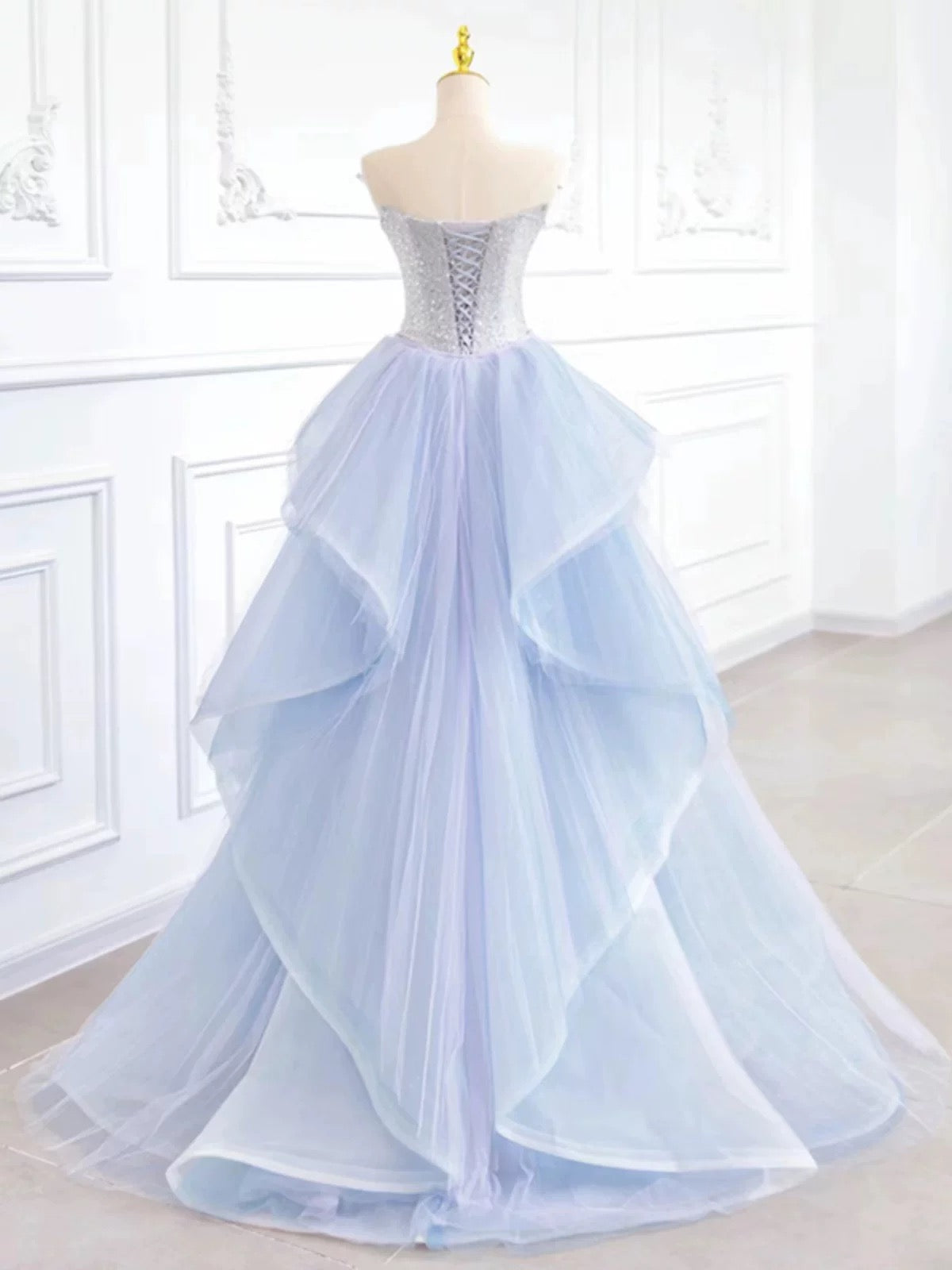 Elegant Mermaid Strapless Neckline Blue Sequin Long Prom Dress Evening Dresses C3243