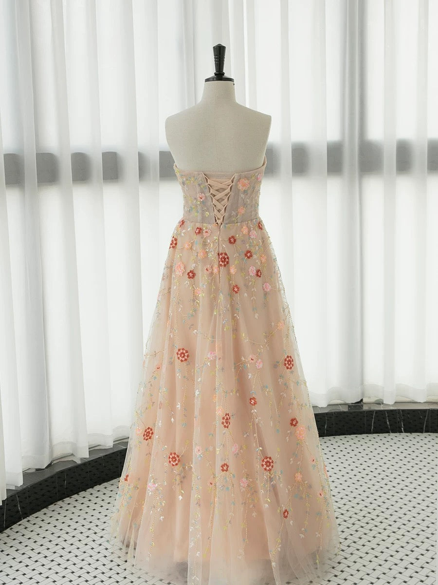Elegant A Line Strapless Neckline Floral Lace Long Prom Dress Evening Dresses C3244