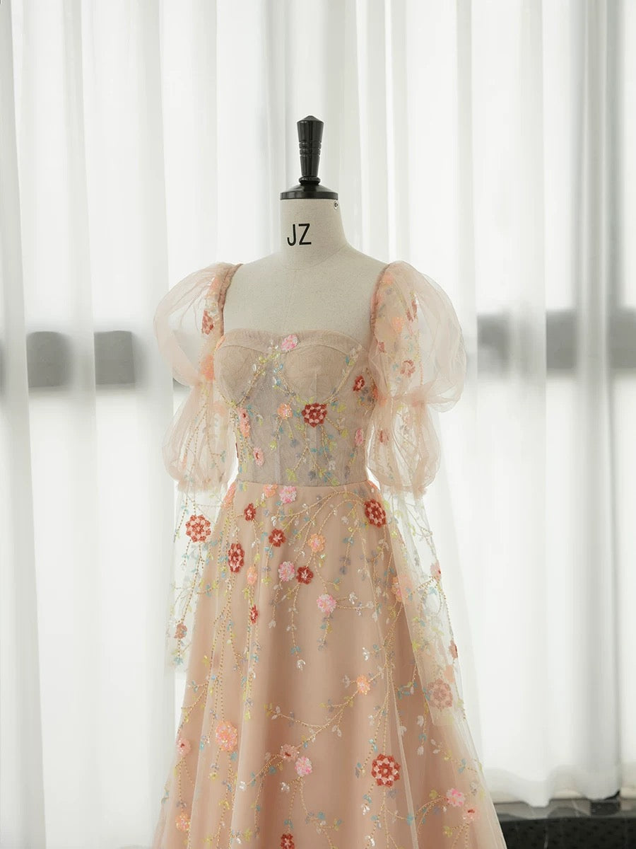 Elegant A Line Strapless Neckline Floral Lace Long Prom Dress Evening Dresses C3244