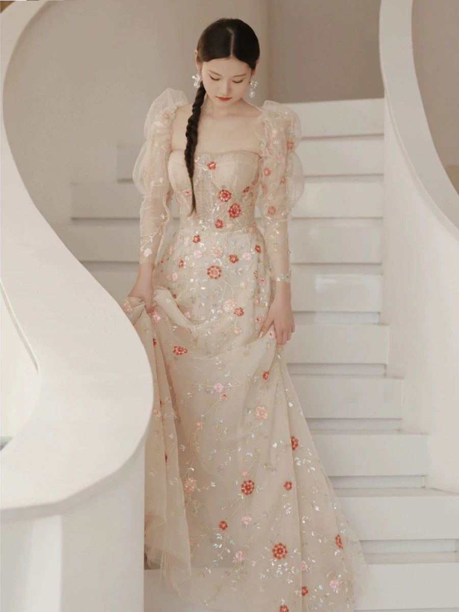 Elegant A Line Strapless Neckline Floral Lace Long Prom Dress Evening Dresses C3244