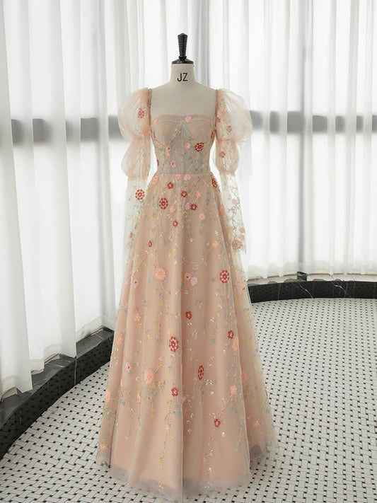 Elegant A Line Strapless Neckline Floral Lace Long Prom Dress Evening Dresses C3244