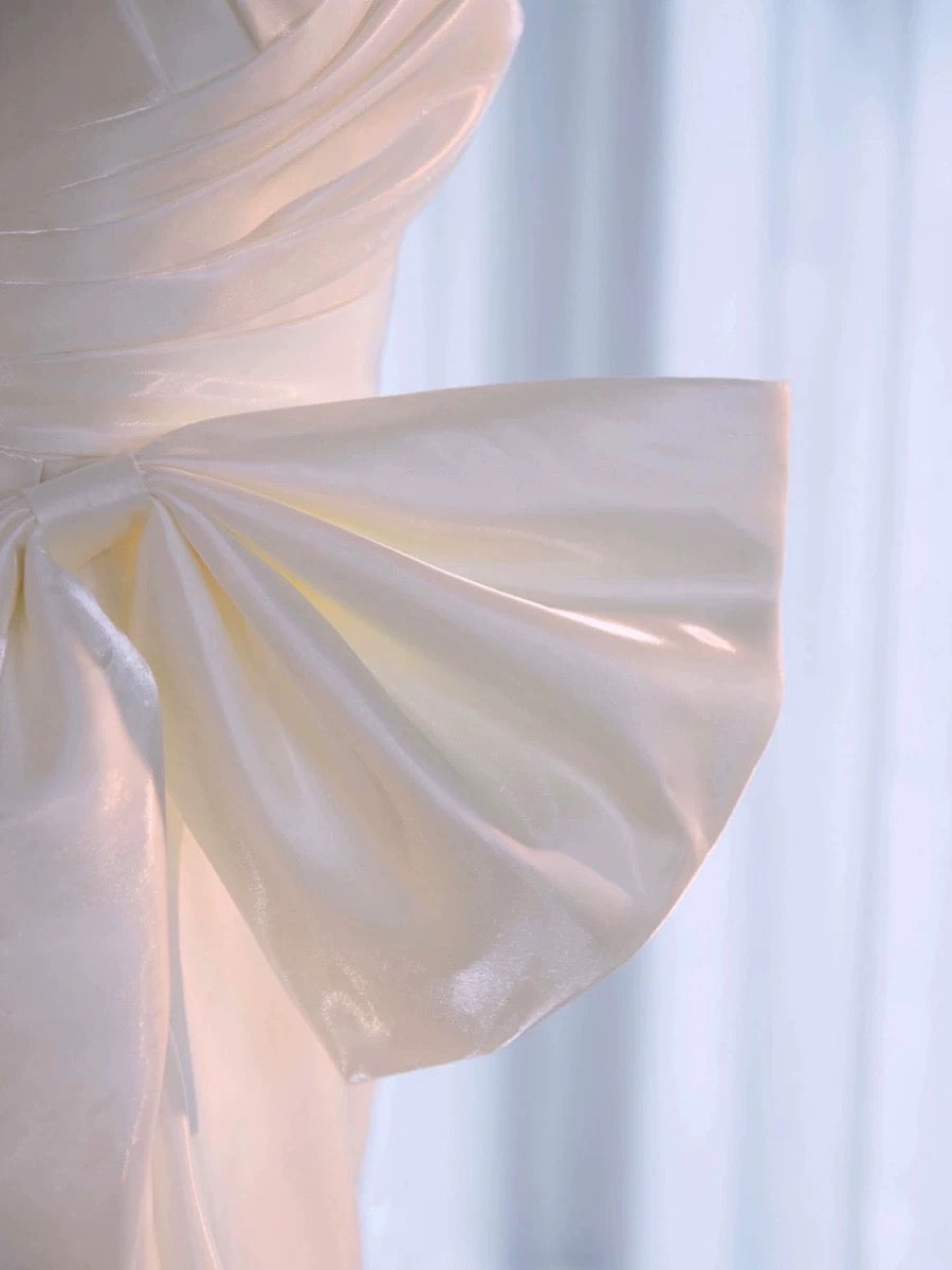 Chic High Low Spaghetti Straps Sleeveless White Satin Wedding Dresses With Ruffles C3245