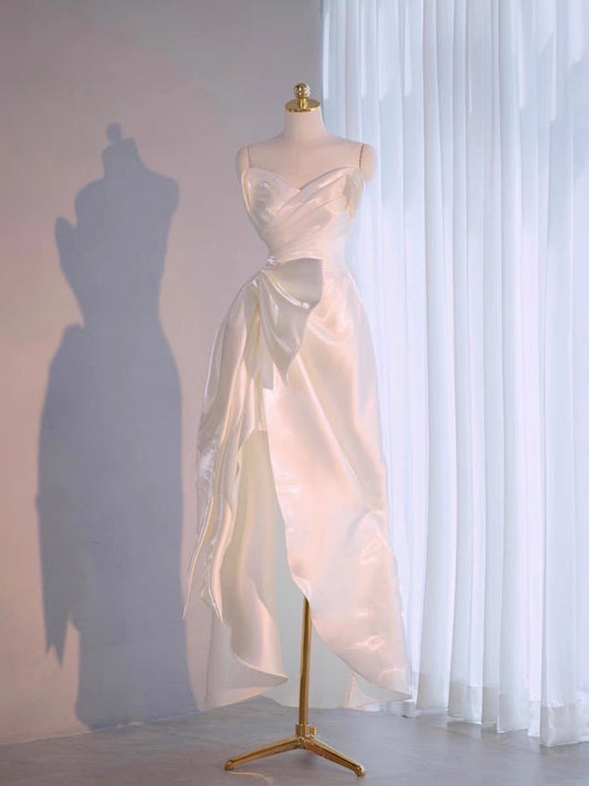 Chic High Low Spaghetti Straps Sleeveless White Satin Wedding Dresses With Ruffles C3245
