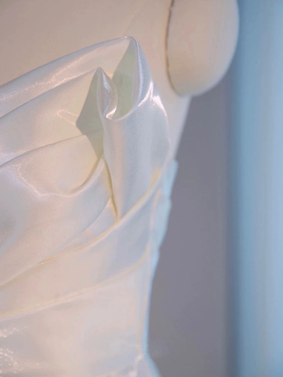 Chic High Low Spaghetti Straps Sleeveless White Satin Wedding Dresses With Ruffles C3245