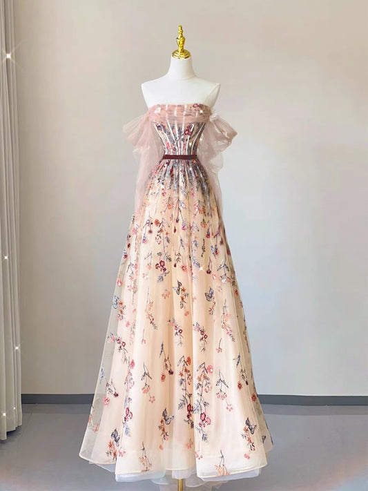 Elegant A Line Strapless Off The Shoulder Floral Lace Long Prom Dress Evening Dresses C3247