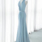 Elegant Mermaid V Neckline Blue Backless Pearls Long Prom Dress Evening Dresses C3248