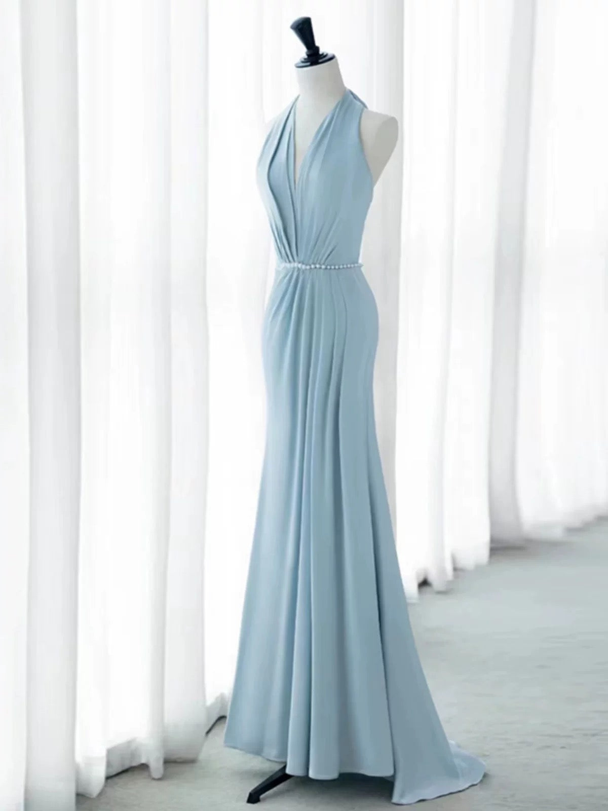 Elegant Mermaid V Neckline Blue Backless Pearls Long Prom Dress Evening Dresses C3248
