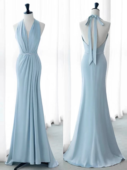 Elegant Mermaid V Neckline Blue Backless Pearls Long Prom Dress Evening Dresses C3248