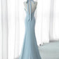 Elegant Mermaid V Neckline Blue Backless Pearls Long Prom Dress Evening Dresses C3248