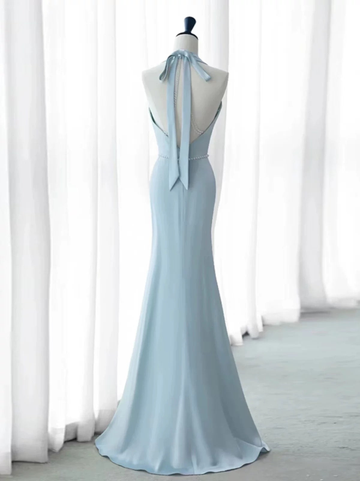 Elegant Mermaid V Neckline Blue Backless Pearls Long Prom Dress Evening Dresses C3248