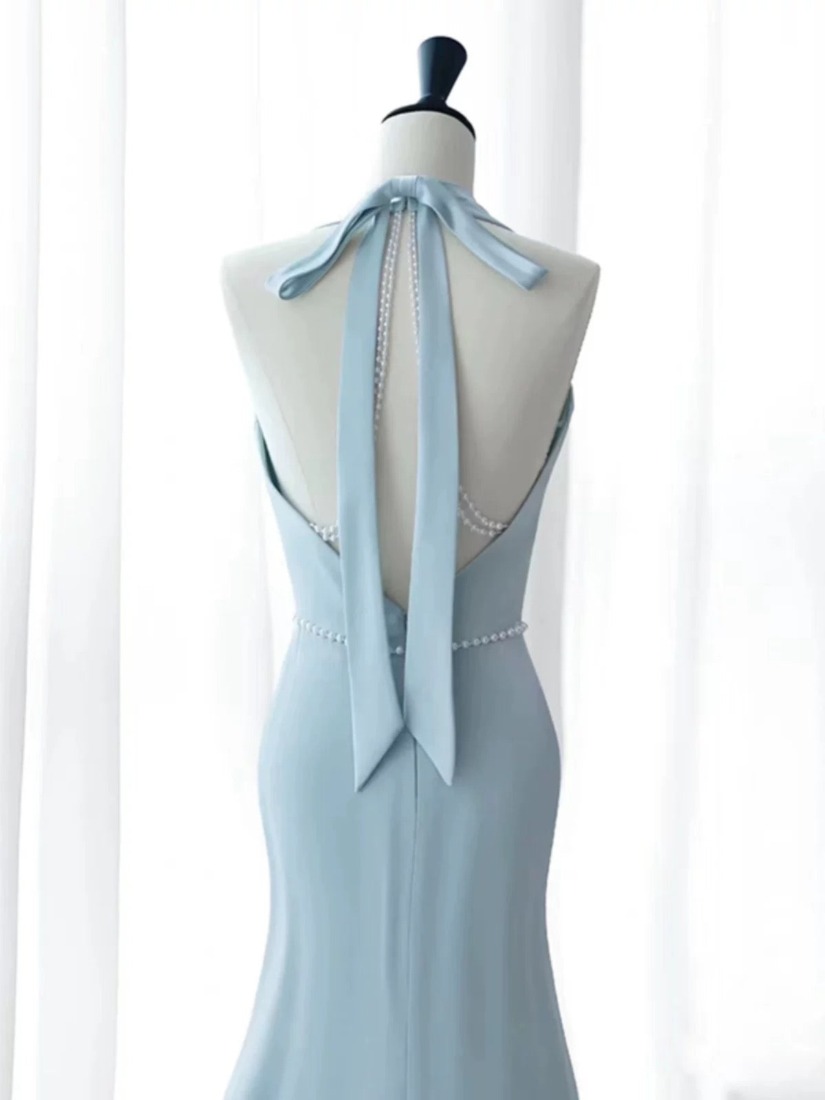 Elegant Mermaid V Neckline Blue Backless Pearls Long Prom Dress Evening Dresses C3248