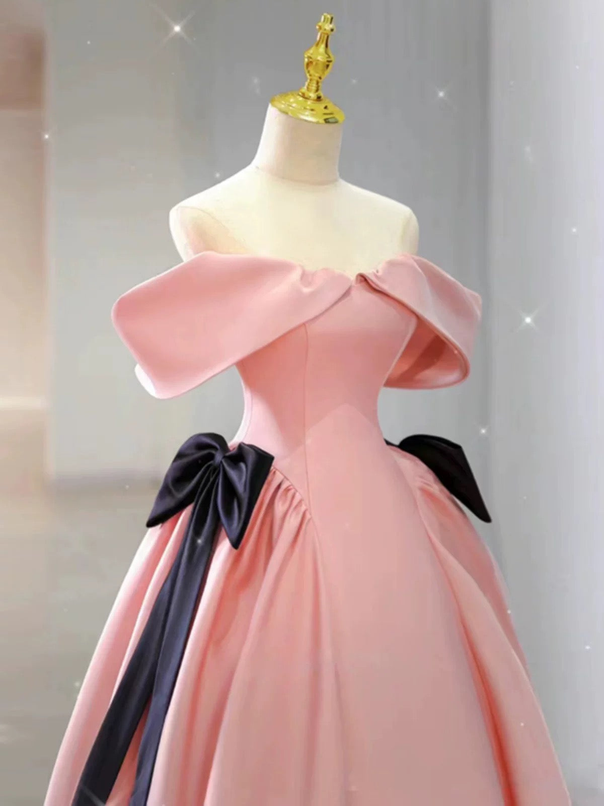 Elegant Ball Gown Off The Shoulder Pink Satin Long Prom Dress Evening Dresses C3249