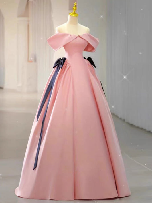 Elegant Ball Gown Off The Shoulder Pink Satin Long Prom Dress Evening Dresses C3249