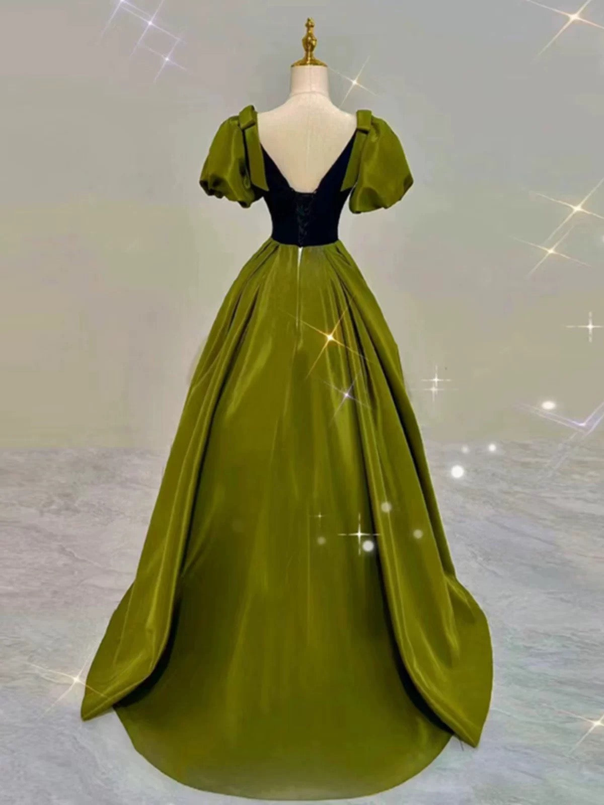 Elegant Ball Gown V Neckline Olive Green Satin Long Prom Dress Evening Dresses C3250
