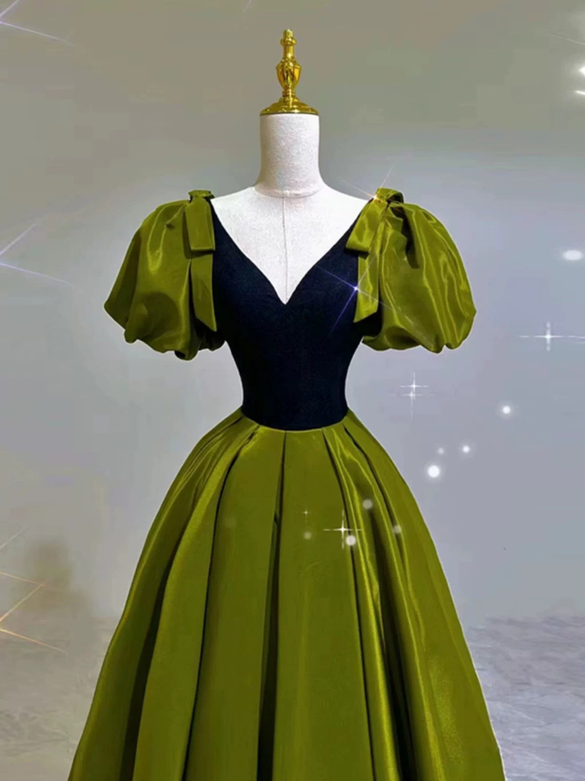 Elegant Ball Gown V Neckline Olive Green Satin Long Prom Dress Evening Dresses C3250