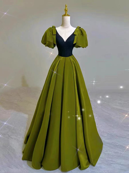 Elegant Ball Gown V Neckline Olive Green Satin Long Prom Dress Evening Dresses C3250