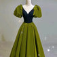 Elegant Ball Gown V Neckline Olive Green Satin Long Prom Dress Evening Dresses C3250