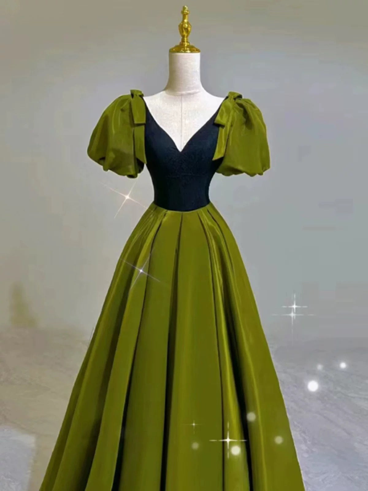 Elegant Ball Gown V Neckline Olive Green Satin Long Prom Dress Evening Dresses C3250