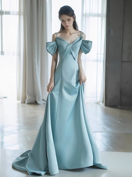 Pretty A Line Spaghetti Straps Light Sky Blue Satin Long Prom Dress Evening Dresses C3251