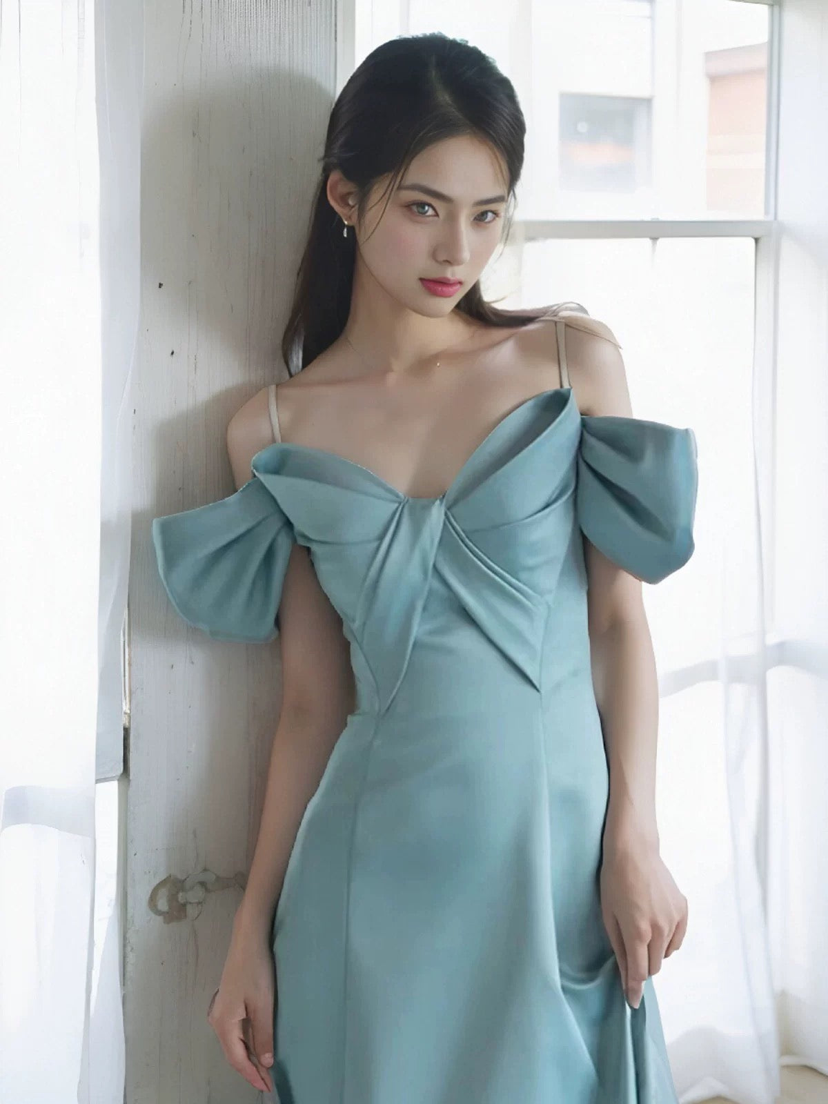 Pretty A Line Spaghetti Straps Light Sky Blue Satin Long Prom Dress Evening Dresses C3251