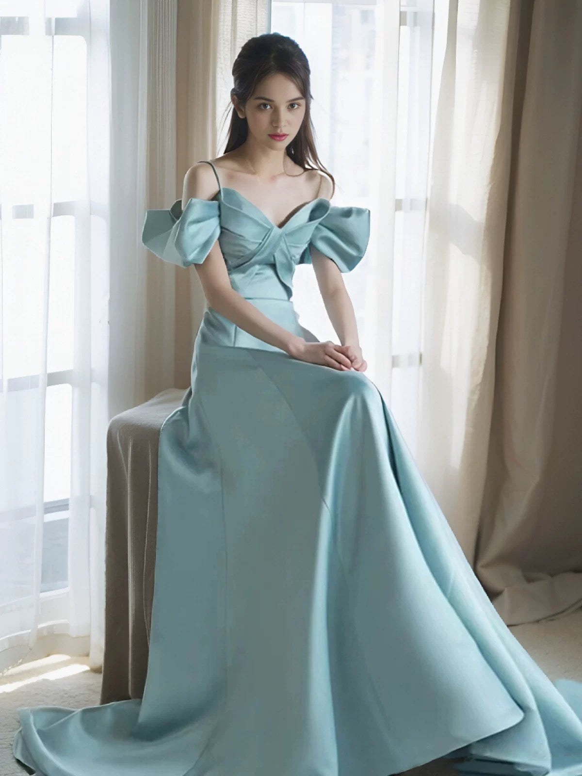 Pretty A Line Spaghetti Straps Light Sky Blue Satin Long Prom Dress Evening Dresses C3251